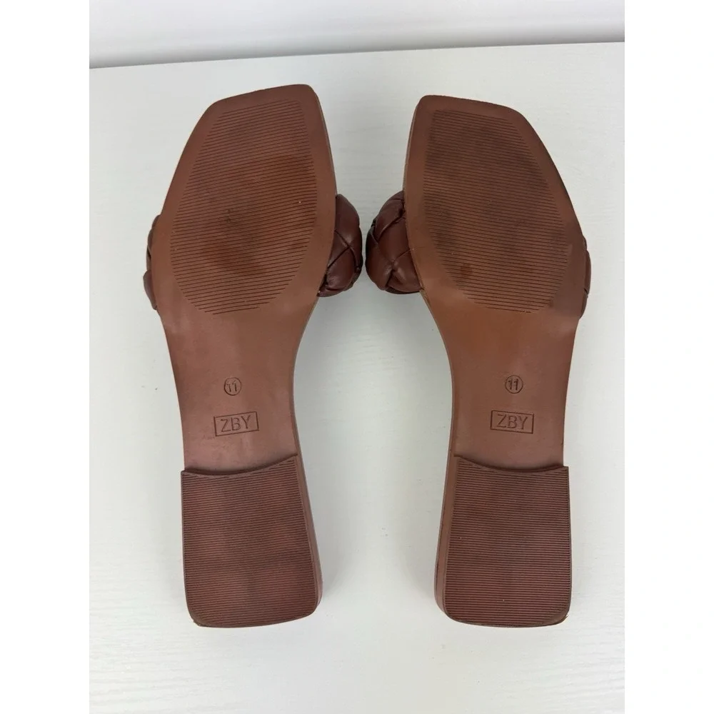 Womens Brown Braided Slide‎ Sandals Square Toe Slip On Flats Size 11 Woven Strap